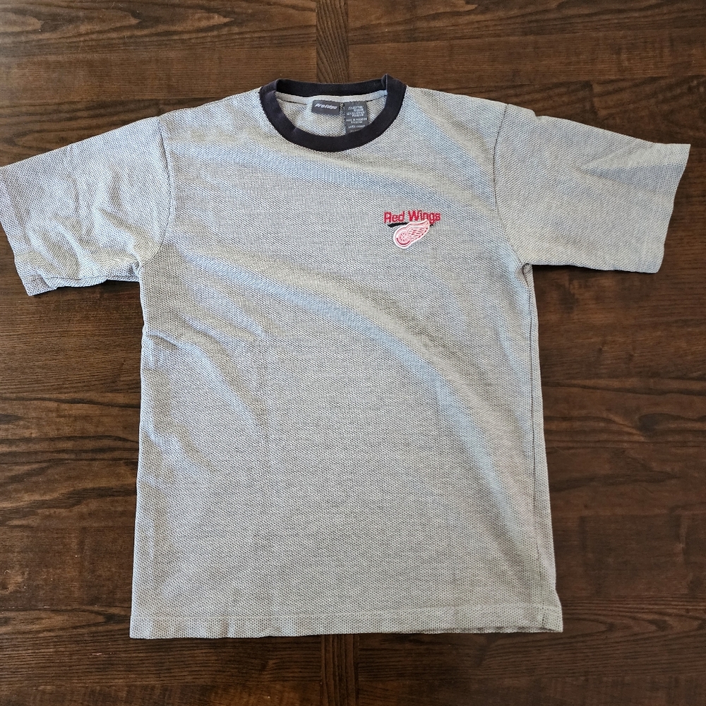 Pro Edge Men's Gray Ringer T-Shirt with Navy Collar and Red Logo